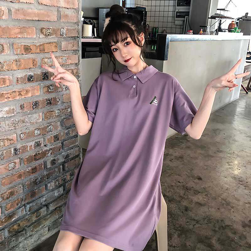 2021 summer loose casual dress women lapel short-sleeved t-shirt new maternity cotton cartoon long top