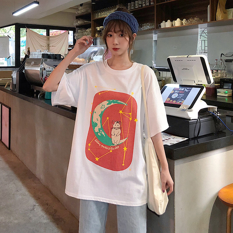 Pregnant korean version of the loose top summer long round neck skirt 2021 new cartoon printing ins short-sleeved t-shirt women