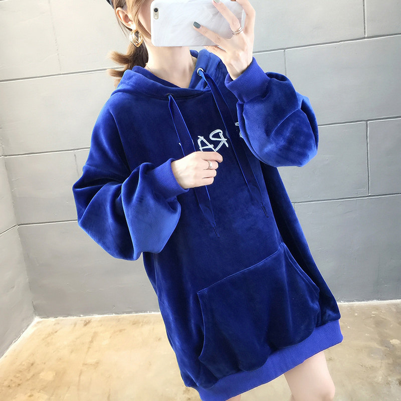 New Pregnancy Woman Dress With Cap Gold Velvet Sweater Suit Autumn Winter Korean Version Loose Bf Embroidery Plus Suede Thickened Blouse
