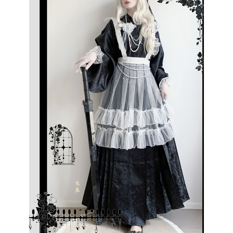 Luoshiyao Original Dark Style Han-Yang Fusion Fleece-Lined Cape Ming-Style Cross-Collar Mamian Skirt Lolita Petticoat Set