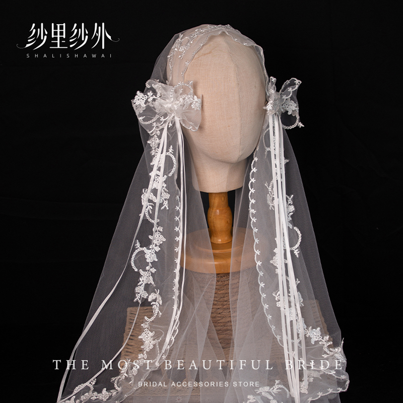 French-Style Vintage Lace Veil with Lace Trim and Bow, Bridal Main Wedding Dress with a Train, High-End and Ethereal Headpiece French-Style Vintage Lace Veil with Lace Trim and Bow, Bridal Main Wedding Dress with a Train, High-End and Ethereal Headpiece