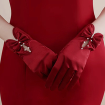 Hepburn style retro glove sleeves burgundy velvet silk bride wedding dress photo studio toast dress prom