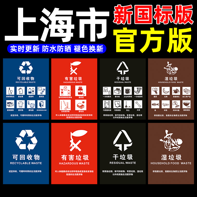 Shanghai Garbage Classification Stickers, Trash Bin Signs, Promotional Posters, Community Company Signs, Other Recyclable and Hazardous Waste, Food Waste, Dry and Wet Waste Markers, Wall Stickers
