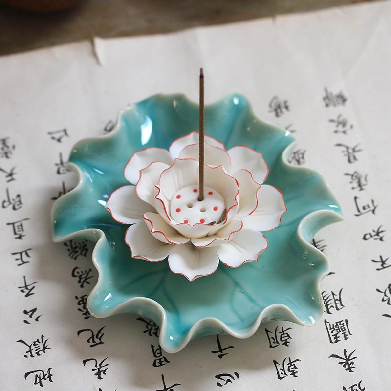 Green Meditation ceramic Lotus Lotus Thread Parsley Wire incense insert tray Three-hole incense seat Incense House Sandalwood Stove Sunken Incense Stove