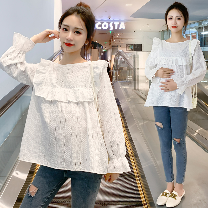 Pregnant women spring coat new autumn hollow embroidered lotus leaf shirt round bubble sleeve shirt spring and autumn