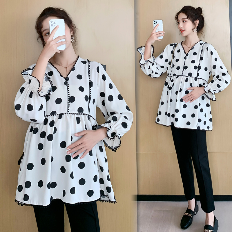 Pregnant women spring and summer fashion suit long sleeve doll shirt large size outdoor sweet spring and autumn masking shirt