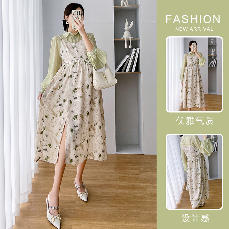 Pregnant women's autumn floral skirt stitching fake two-piece professional skirt mid-length version fashion out autumn women's loose dress