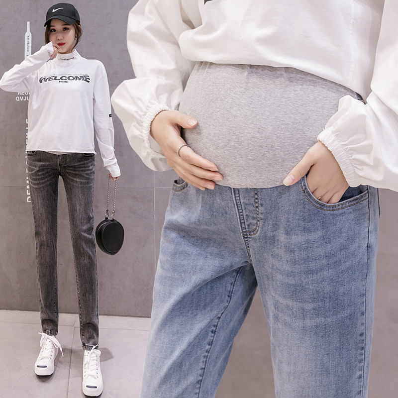 Pregnant women's jeans spring and autumn models go out loose belly pants straight-leg pants autumn outer wear casual elastic trousers autumn clothes