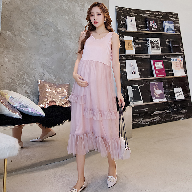 Pregnant women dress summer dress fashion trendy hot mom personality mesh skirt Korean version temperament suspender skirt cake skirt mid-length version