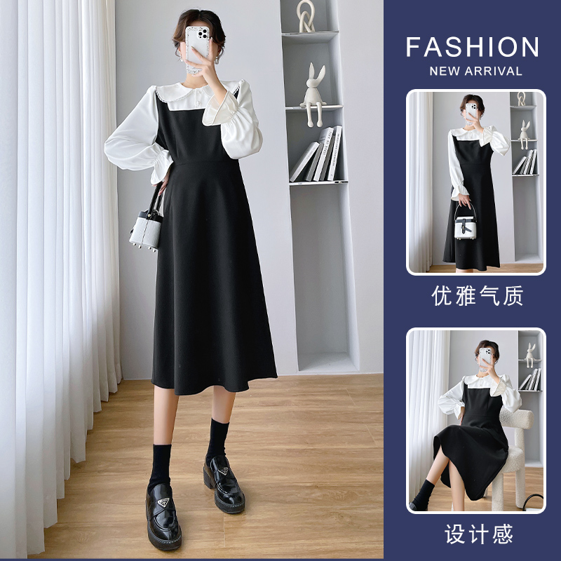 Net red maternity wear autumn and winter models age-reducing doll collar high-quality stitching large-size loose-fitting over-the-knee dress autumn