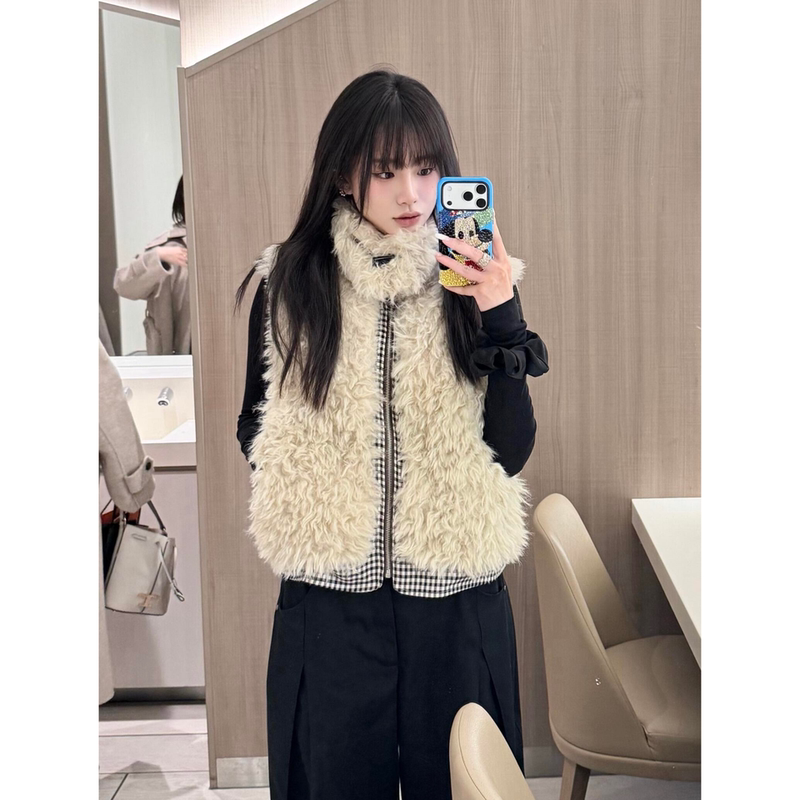 Reversible Houndstooth Lapel Plush Cotton Vest for Women, 2026 Winter New Thickened Warm Vest