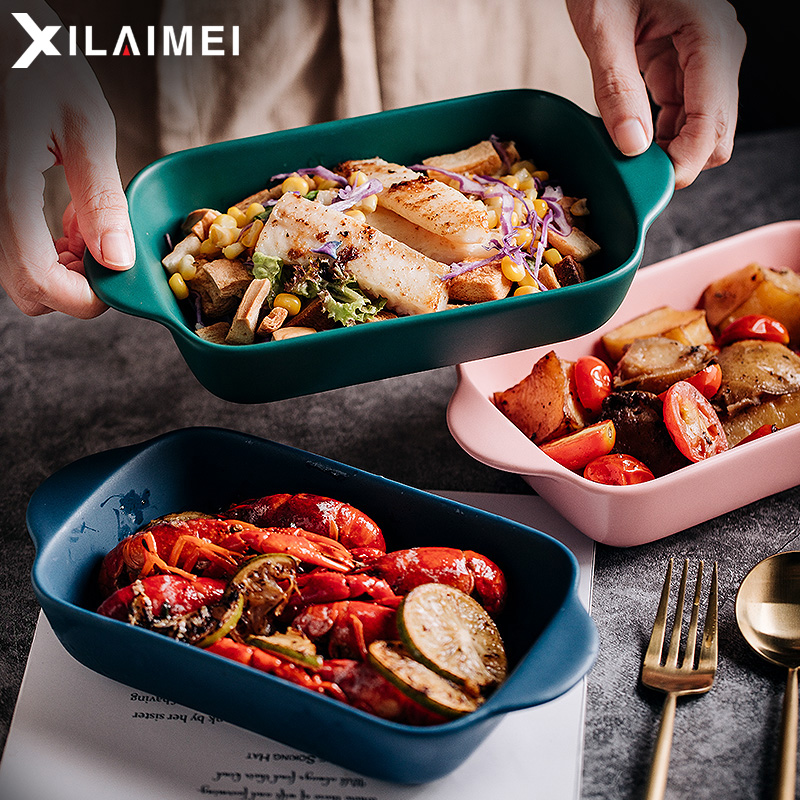 Home ceramic two-eared baking bowl rectangular baking bowl thousand-plane baking tray baking oven microwave baking tray