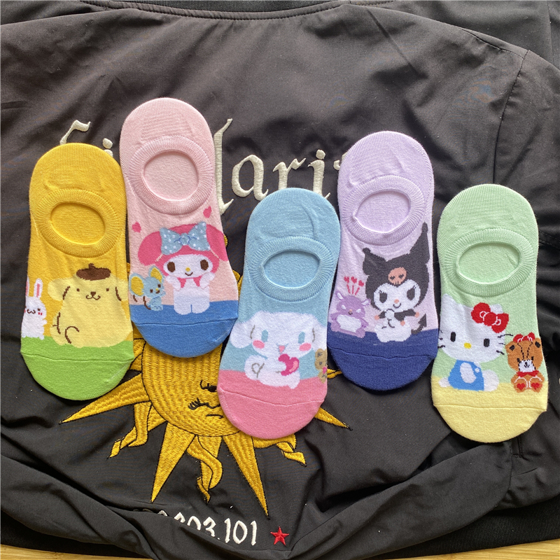 Four Seasons Invisible Socks Women's Easiest for Match Japanese Style Cartoon Hello Cat College Style Silicone Non-Slip Student Socks Men
