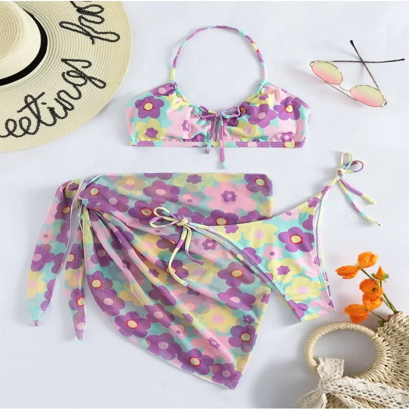 Комплект три части BIKINI из сетки 2023 новая круглая сексуальная плавательная плавательная купальник Бикини