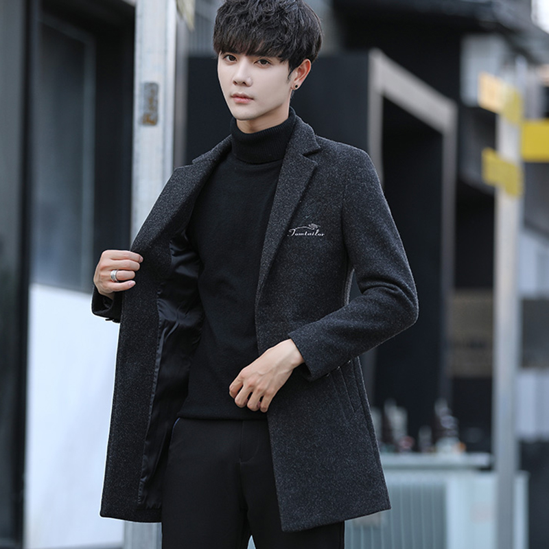 ins windbreaker male British style Korean version of the trend handsome medium and long version of autumn and winter wool coat wild coat
