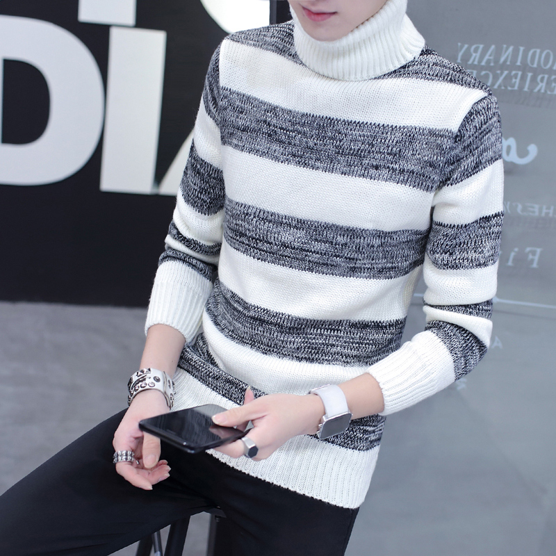Men's high collar sweater winter thickened 2022 new Korean version trend long collar knit cardiovert jacket striped sweater