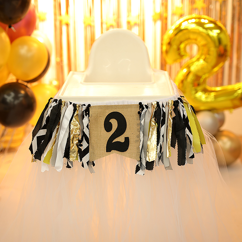 Baby seat pull flag apron decoration 1 year old children's chair black gold pink pull flag canvas strip Birthday party 2 year old decoration