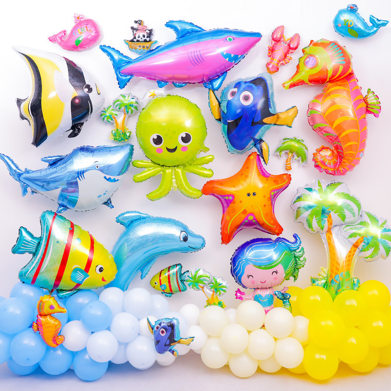 Baby Age Marine Animal Themed Birthday Party Aluminum Film Balloon Seabed Children Full Moon Dress Scene Arrangement
