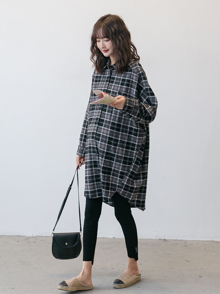 Fashionable plaid Hong Kong style ~ maternity wear spring and autumn casual lapels street wind in the long fashionable trend can be nursing shirt
