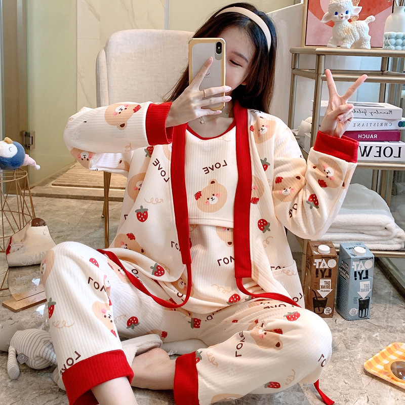 Autumn Winter Air Cotton Moon Subsuit Postpartum Breastfeeding Pajamas Mezzanine Cotton Three Suits Pregnant Woman Maternity Home Conserved Spring Autumn