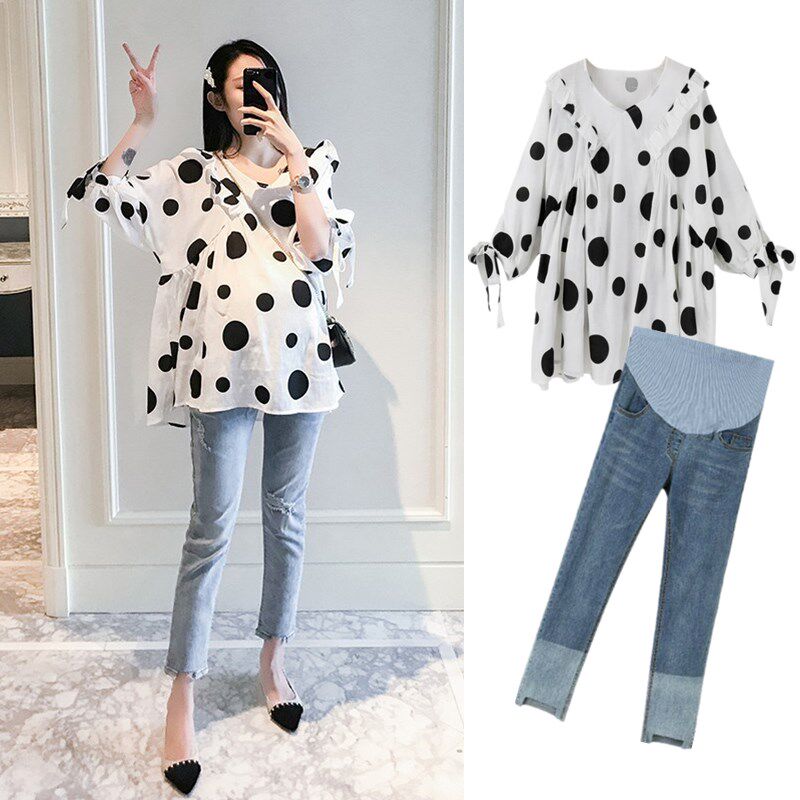 Pregnant women's spring and autumn suit fashion V-collar doll doll with belly jeans two pieces of autumn suit
