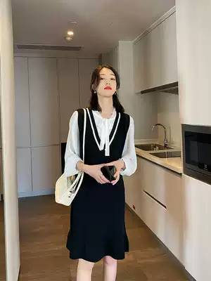 Pregnant women's dress spring and autumn wear knitted long-sleeved fake two-piece skirt Korean version of the college style age-reducing autumn pregnant women's skirt