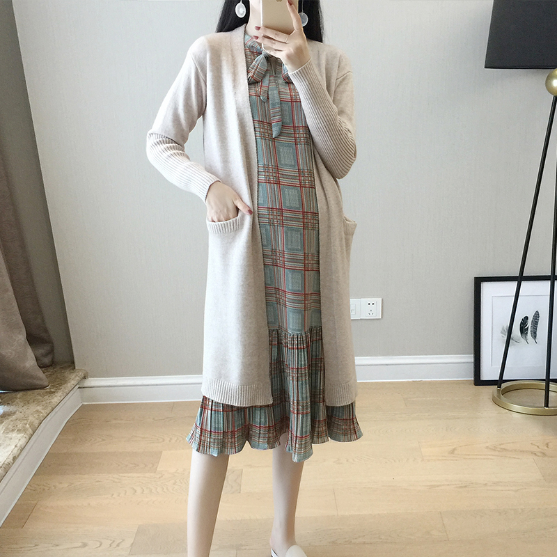 Pregnancy Woman Dress Spring Autumn Cash Kit Fashion Korean Version Loose Dress Cardiovert Two Sets Pregnant Women's Autumn Clothing Coat Out-Taobao