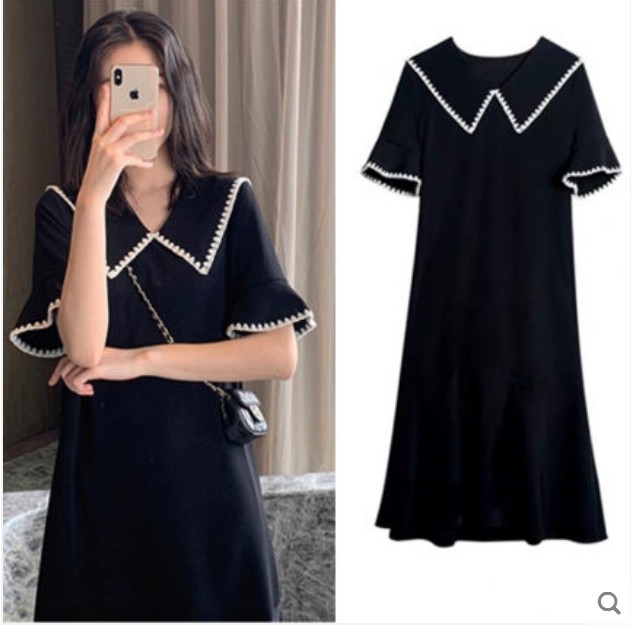 Pregnant woman summer dress 2022 new retro Hepburn mid-long version black dress Fat MM over knee loose pregnant woman foreign dress
