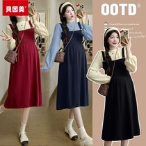 Maternity wear 2024 new autumn and winter new year festive red dress sweet age reduction waist slimming fashion fake two piece dress