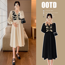Maternity dress early autumn new style high-end temperament V-neck waist versatile loose popular nursing long dress spring and autumn