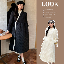 Maternity wear autumn and winter new coat mid-length rhombus lace waist cross V-neck thickened raw edge cotton coat