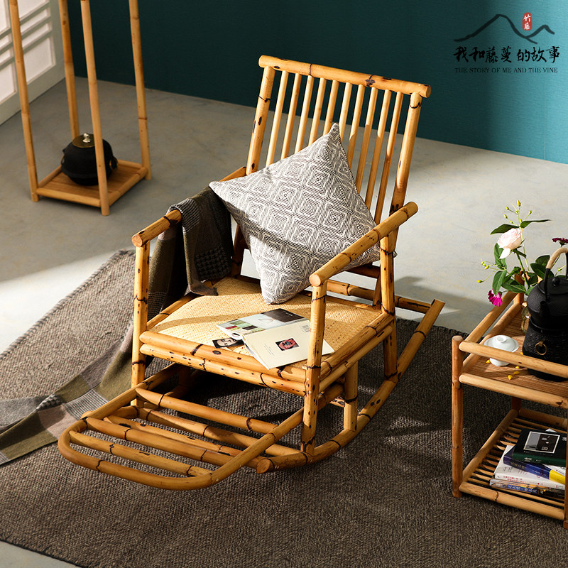 Day Style Flowers Spotted bamboo rattan rocking chair Balcony Casual Rocking Chair Folk Sleeping adult Lying Chair Outdoor Single Rocking Chair