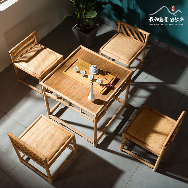 Bamboo and Rattan square tea table and chair combination Chinese tea table Tea table Kung Fu Tea table Zen office tea drinking small table