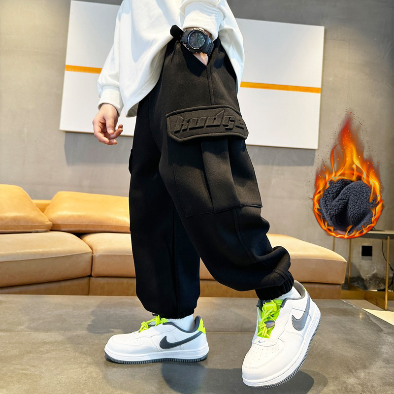 Boy gush thickened pants integrated suede sweatpants autumn winter black 2023 new big children bottling boy tide-Taobao
