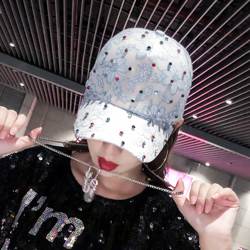 Hat female Korean version diamond-studded peaked cap lace flower fashion ins net red models autumn and summer new sun hat baseball cap