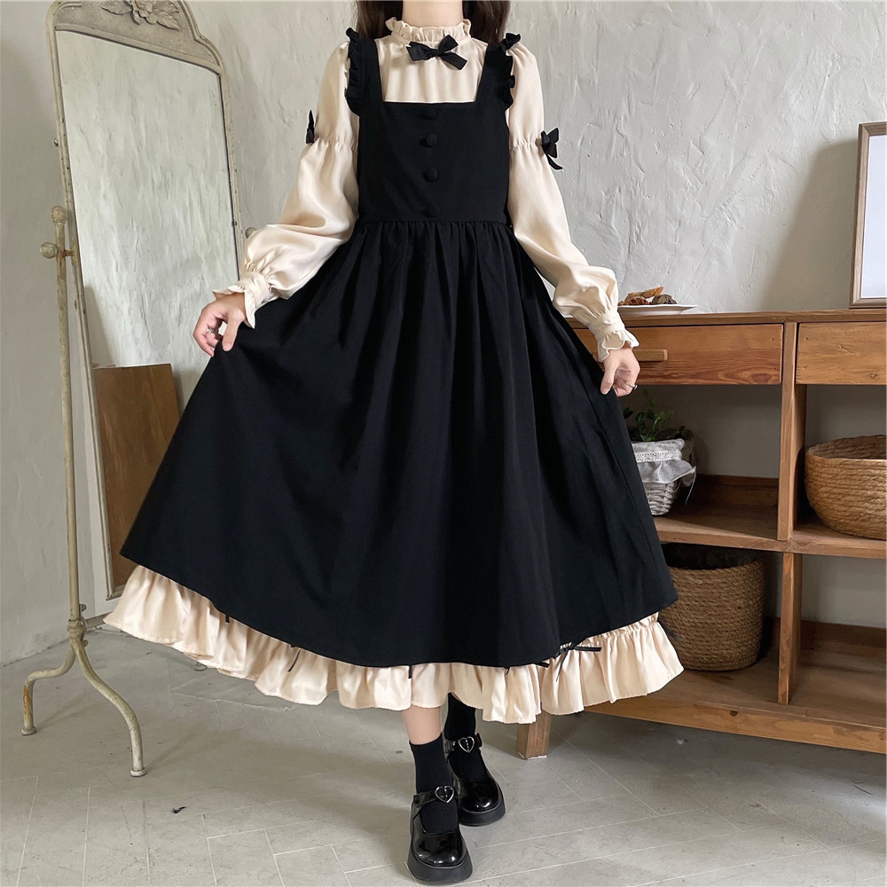 Big Code Autumn Winter New 2023-day Bubbly Sleeves Light Lo Loretta Braces Skirt two sets of butterfly knot dress-Taobao