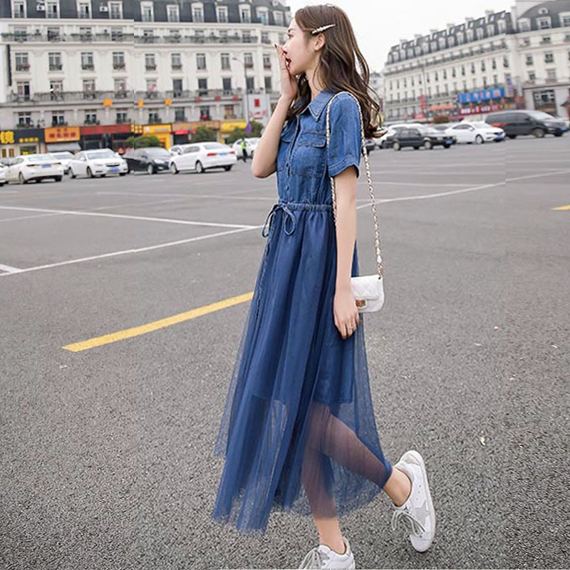 Thin-style tencel denim dress Dress Splicing Mesh Yarn Foreign Dress Woman Summer 2022 New Casual College Wind Student Skirt