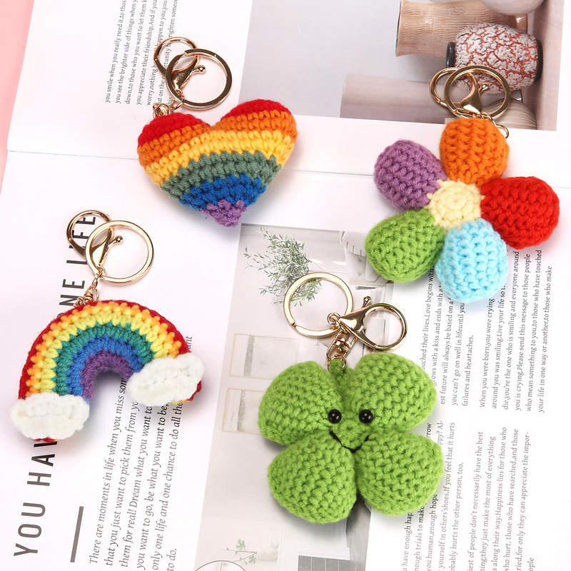 Handmade Crochet Knitted Heart Rainbow Four-Leaf Clover Multicolored Flower Backpack Pendant Lanyard Keychain Handmade Crochet Knitted Heart Rainbow Four-Leaf Clover Multicolored Flower Backpack Pendant Lanyard Keychain