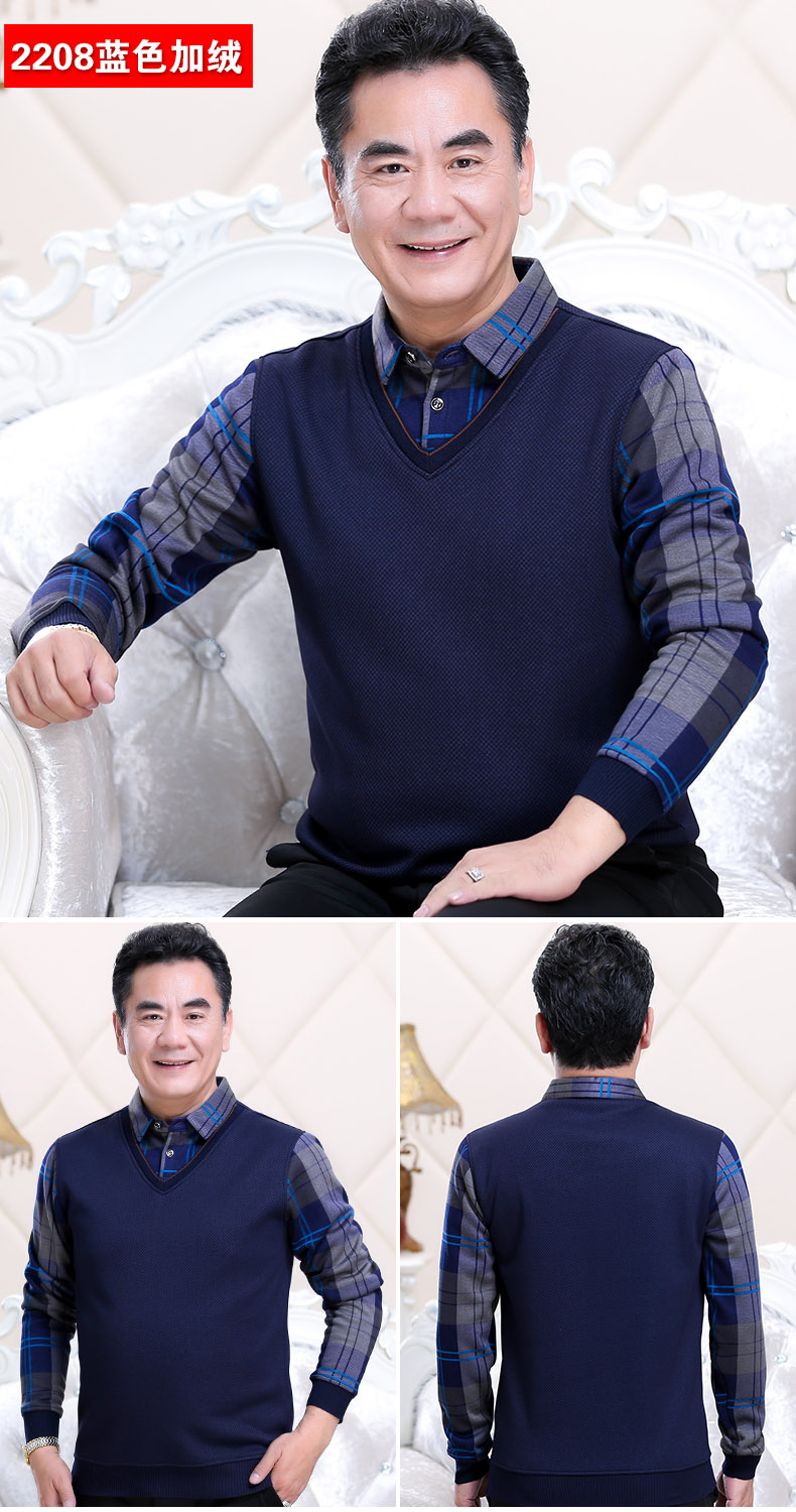 Áo len nam trung niên mùa đông dệt kim áo len trung niên cộng với nhung dày giả hai áo len nam 40-50 tuổi cardigan nam