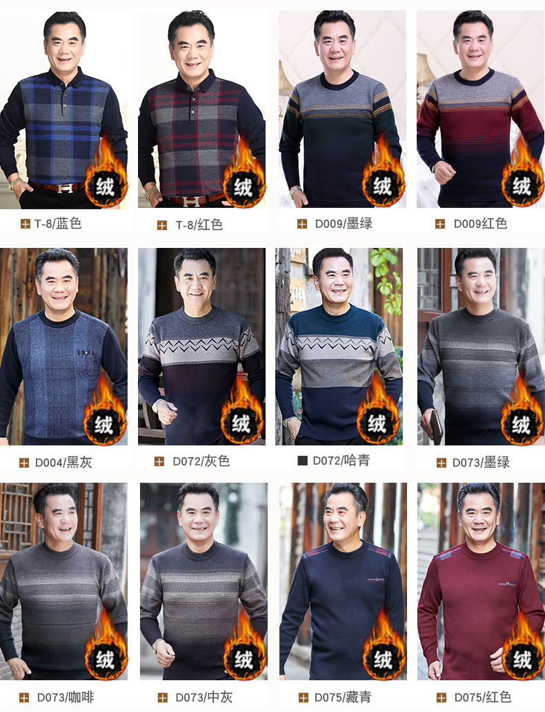 Áo len nam trung niên mùa đông dệt kim áo len trung niên cộng với nhung dày giả hai áo len nam 40-50 tuổi cardigan nam