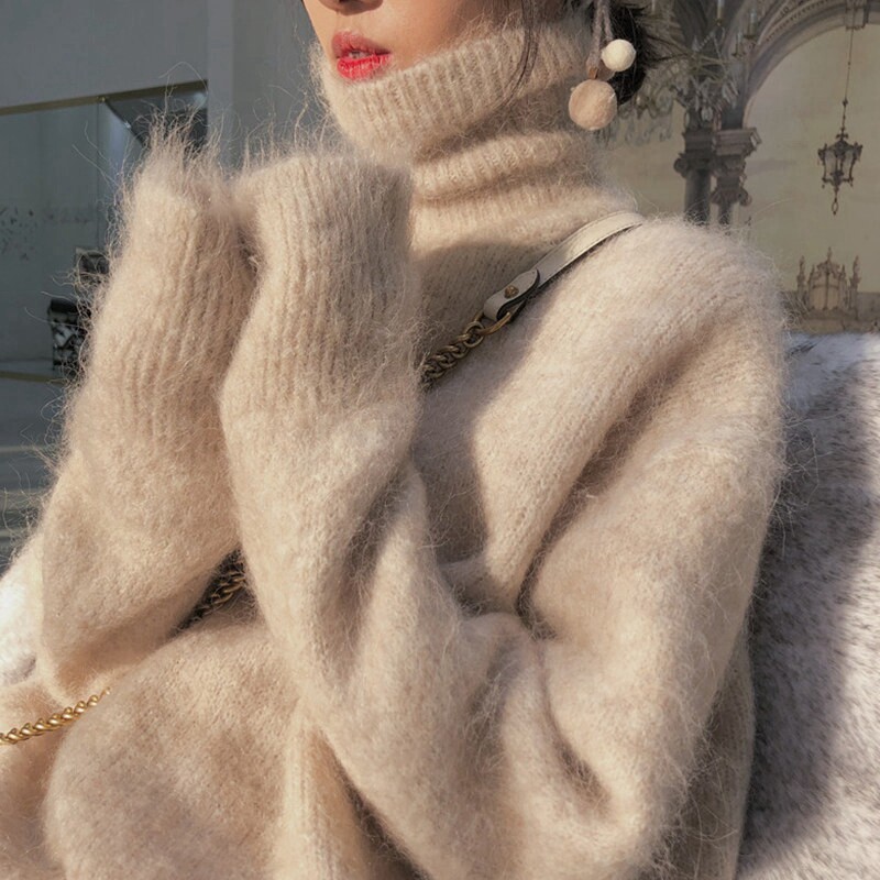 Mohair turtleneck sweater women's 2022 autumn and winter new loose mink velvet pullover lazy style winter thickening explosion