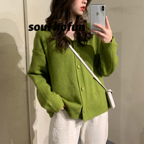 Green sweater sweater autumn and autumn 2022 new female French lazy wind short coat knitted coat