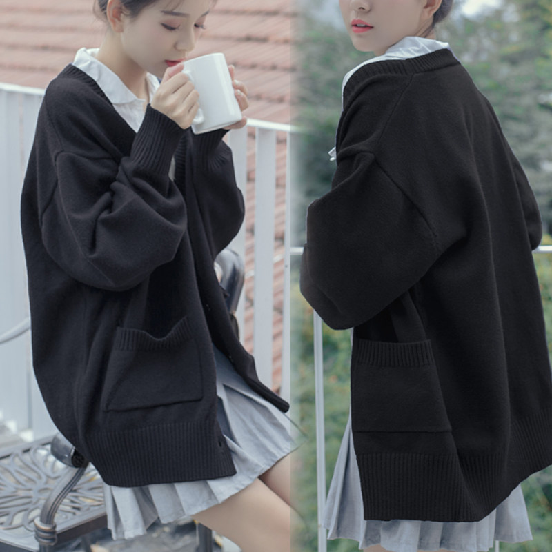 Black sweater cardigan women's 2022 spring and autumn new Mori Japanese loose top lazy wind knitted sweater jacket