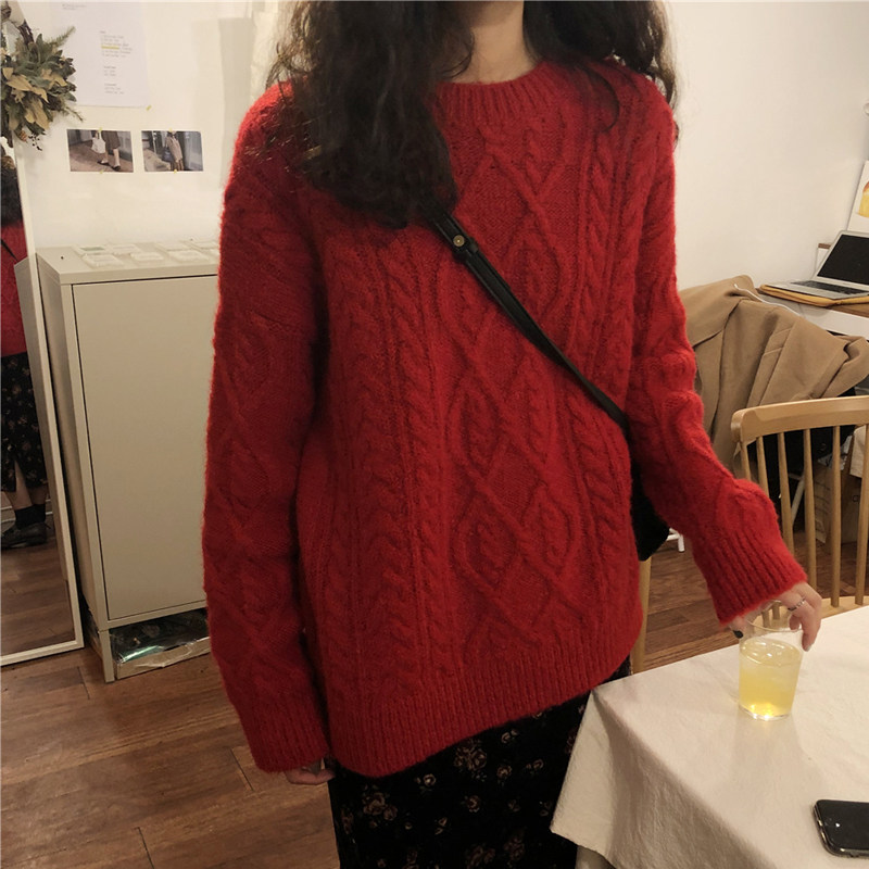 Red sweater 2022 autumn and winter new sleeve loose wear wear gas winter thickening blast