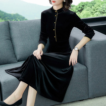 Autumn Lady High-end Golden Velvet Dress Female Temperament 2021 Spring and Autumn Waist Slim Long Skirt Autumn and Winter