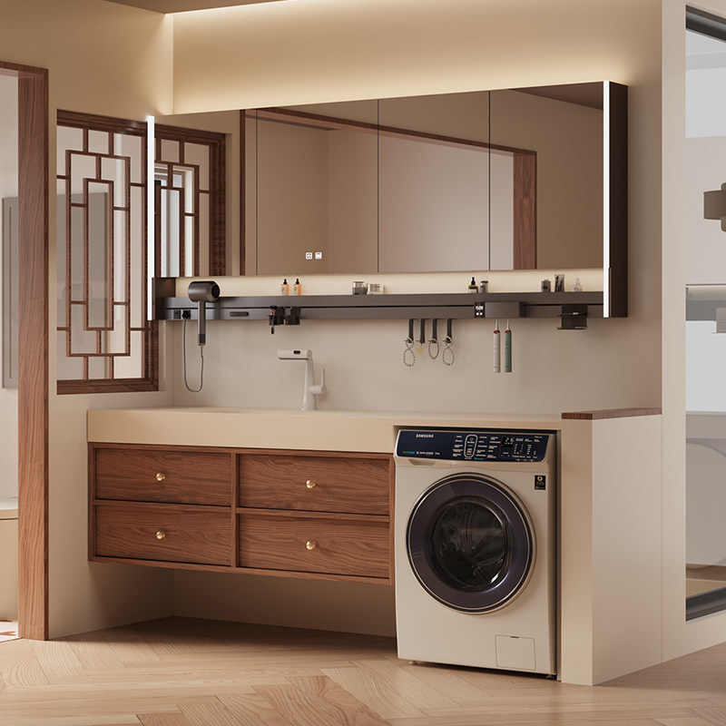 Walnut-Colored Vintage-Style Bathroom Cabinet with Integrated Washing Machine, Song-Style Aesthetic, and Heat-Bent Integrated Rock Slab Basin