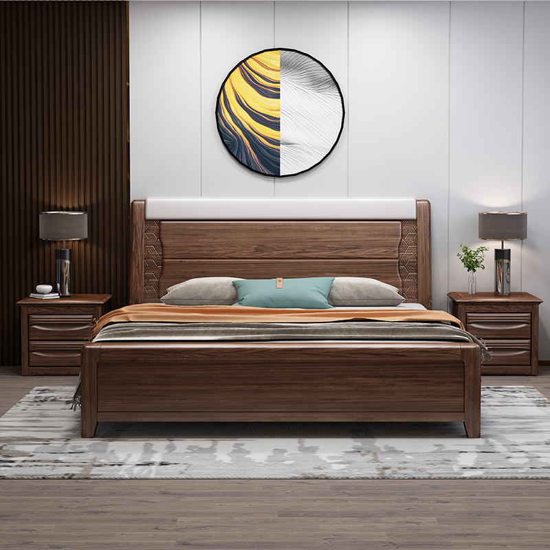 Walnut solid wood bed 18m double bed 15m modern minimalist master bedroom Chinese furniture light luxury storage wedding bed