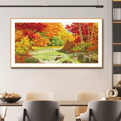 Голубая вода Золотая осень Вышивка крестиком 2025 Новый стиль Вышивка Гостиная Спальня Ресторан Лось Пейзаж Текущая вода приносит богатство Ручная вышивка
