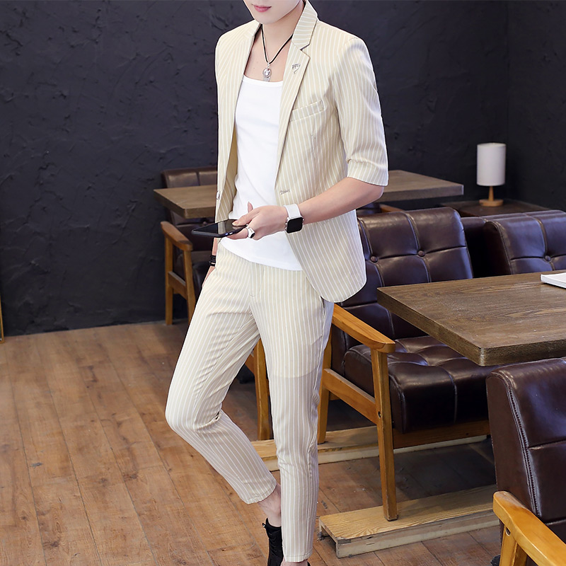 Suit Men's suit Korean version Men's set with a mix of handsome and light slim 70% short sleeves casual Western clothes Spring Summer thin