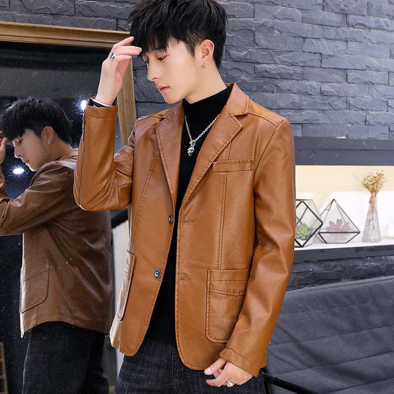Leather suit men's winter trend leather jacket casual small suit jacket autumn and winter style plus velvet thick leather oil men's coat